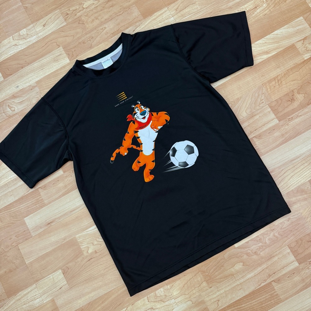 Vintage 2008 Tony the Tiger Kellogg's Soccer Shirt Mens Medium Black Performance